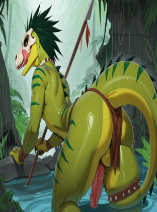 Raptor Warrior in Rainy Jungle Male Flat_chested