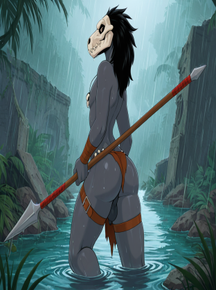Grey Raptor Dinosaur Warrior in Rainy Jungle Ruins Male Raptor Dinosaur