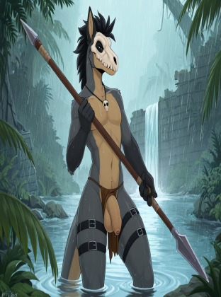 Prehistoric Raptor Warrior in Rainy Jungle