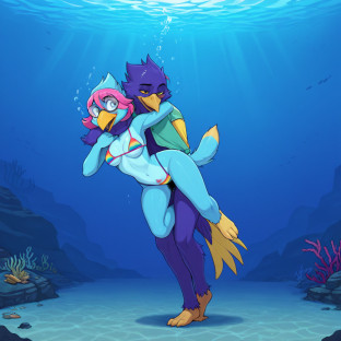 Elderly Avian and Fox Underwater Encounter