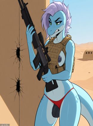 Blue Raptor Warrior in Desert Ruins