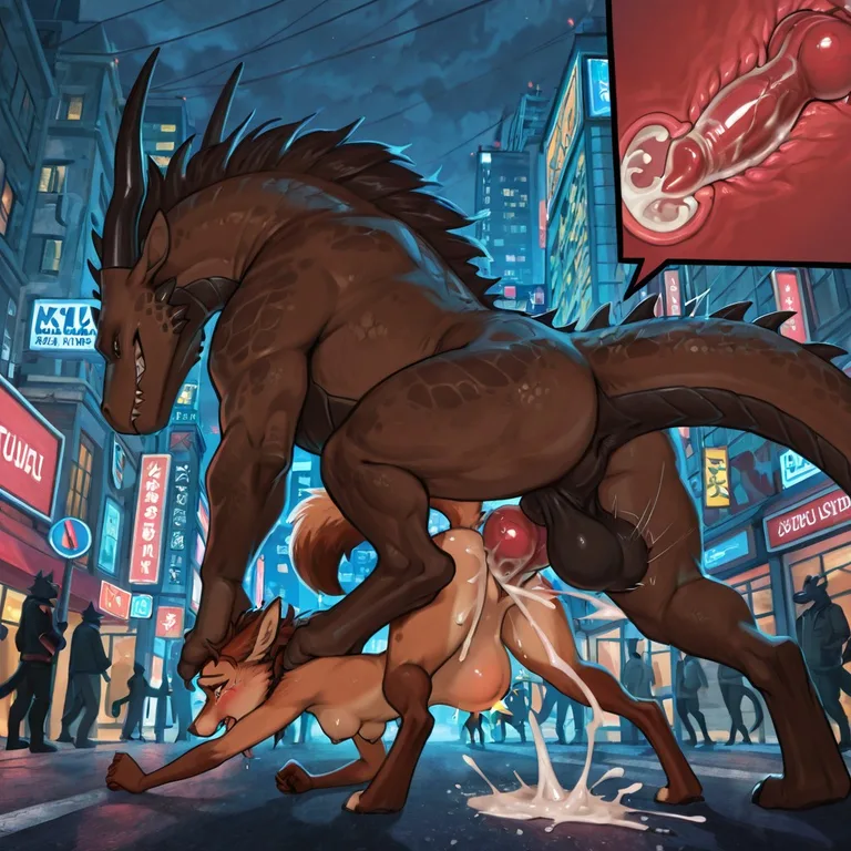 Brown Wolf and Black Dragon on a Bustling City Street