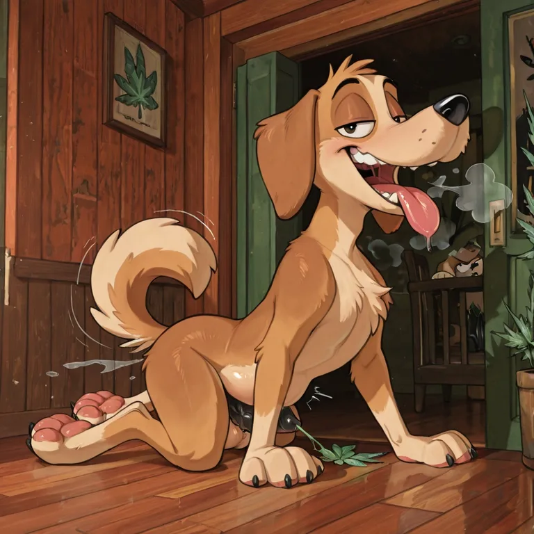 Playful Cartoon Puppy with Marijuana Leaf
