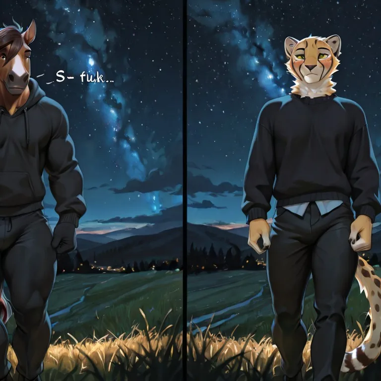 Cheetah and Horse Stroll Through Night Meadow