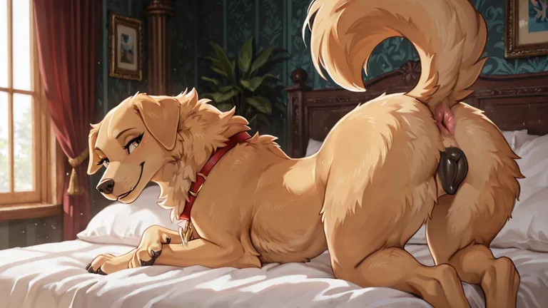 Golden Retriever Bitch Resting on a Bed