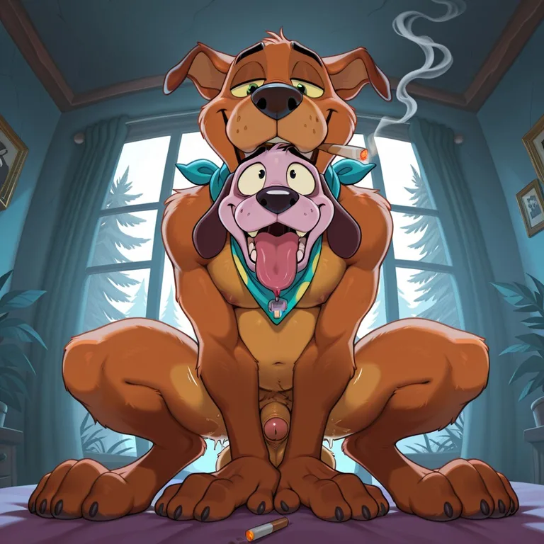 Courage and Scooby Relaxing in a Hazy Living Room