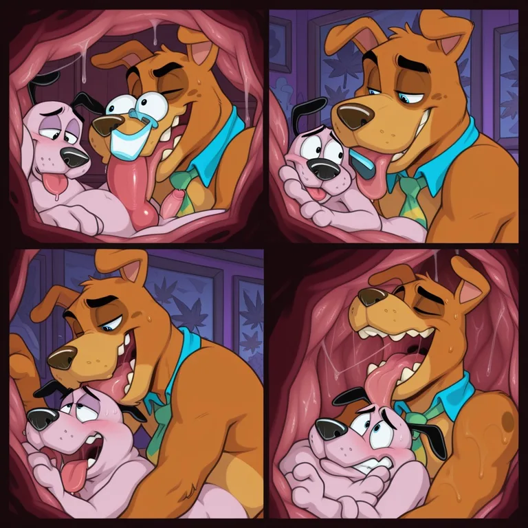 Two Anthro Dogs Embrace in a Rainbow Meadow Marijuana