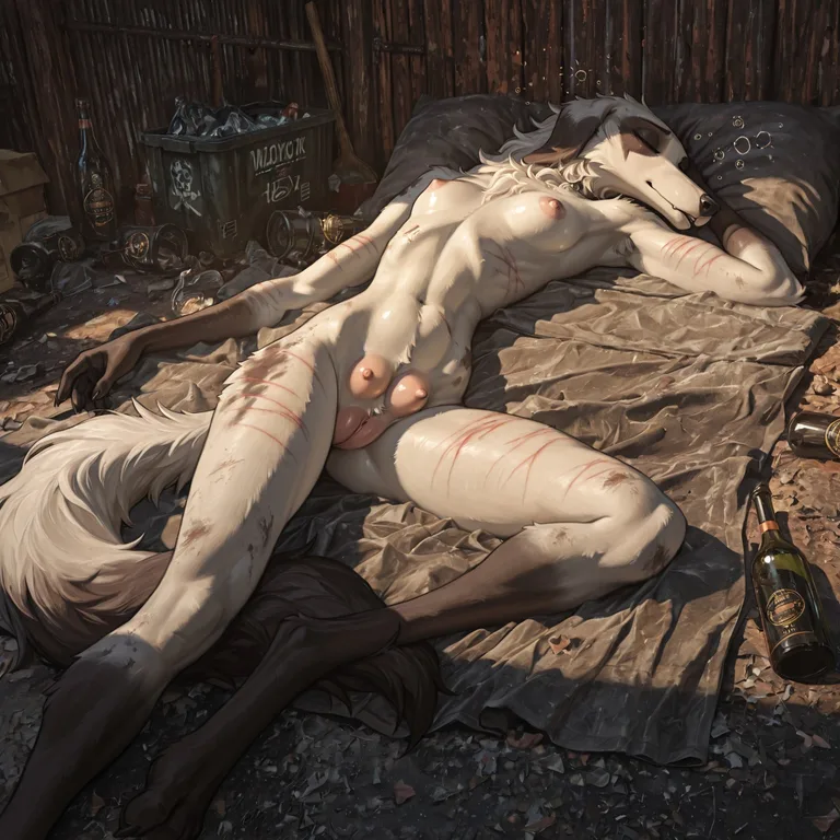 Homeless Borzoi Sleeping in Dirty Alleyway