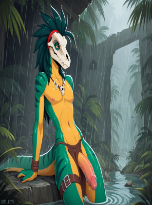 Raptor Warrior with Skull Mask in Rainy Jungle