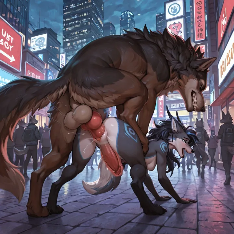 A Grey Wolf and a Dragon in a City Square