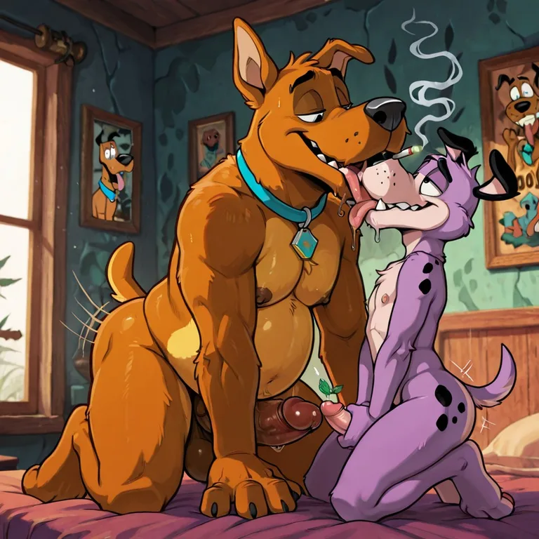 Scooby and Courage in a Cozy 90s Cartoon Living Room