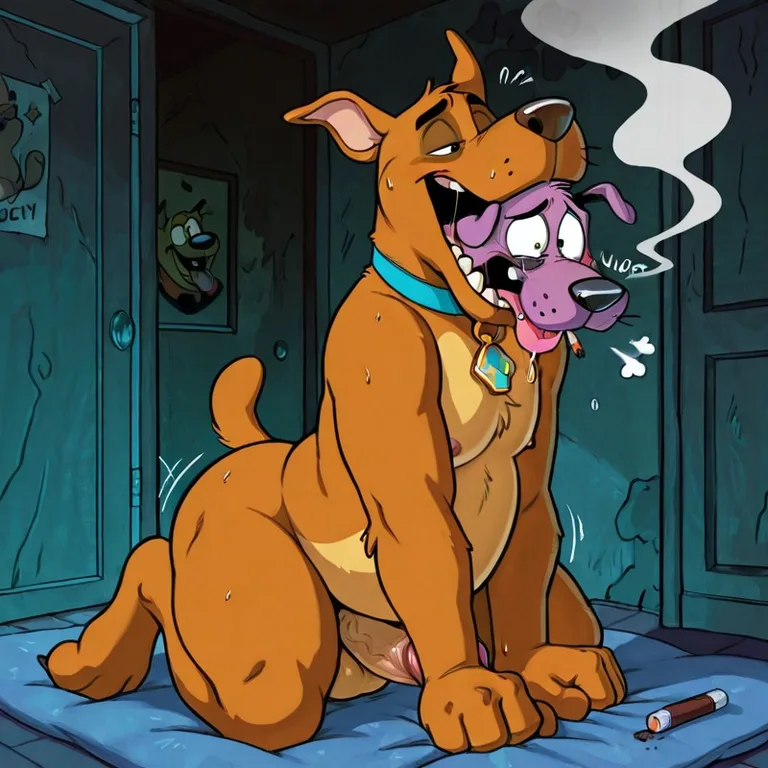 Two Cartoon Dogs Sharing a Joint in a Forest Clearing