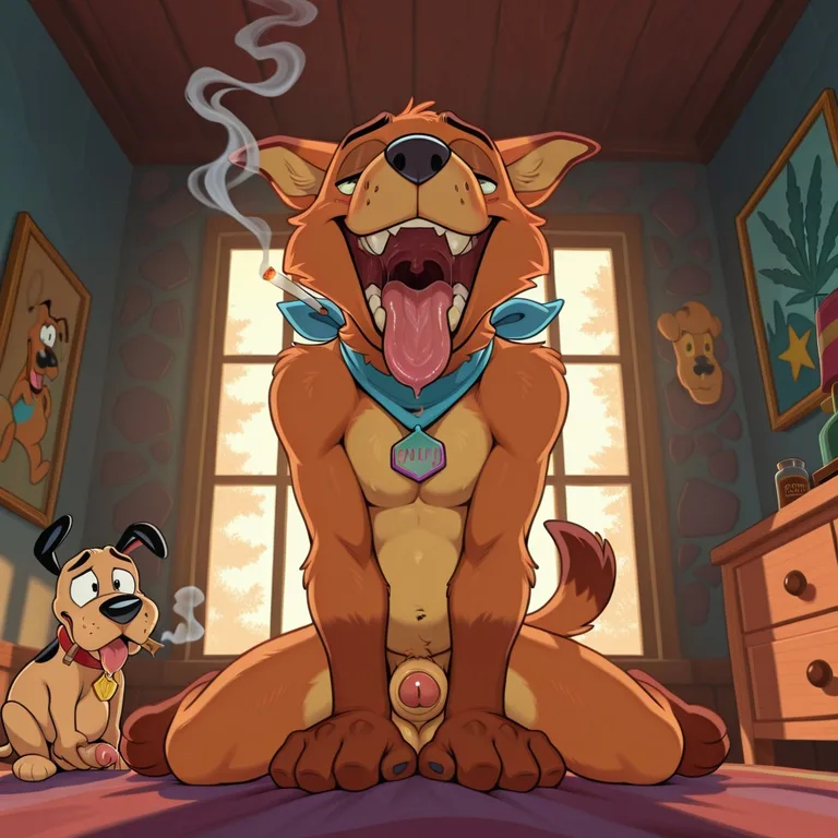 Courage the Cowardly Dog and Scooby-Doo Sharing a Joint in a Cartoon Living Room