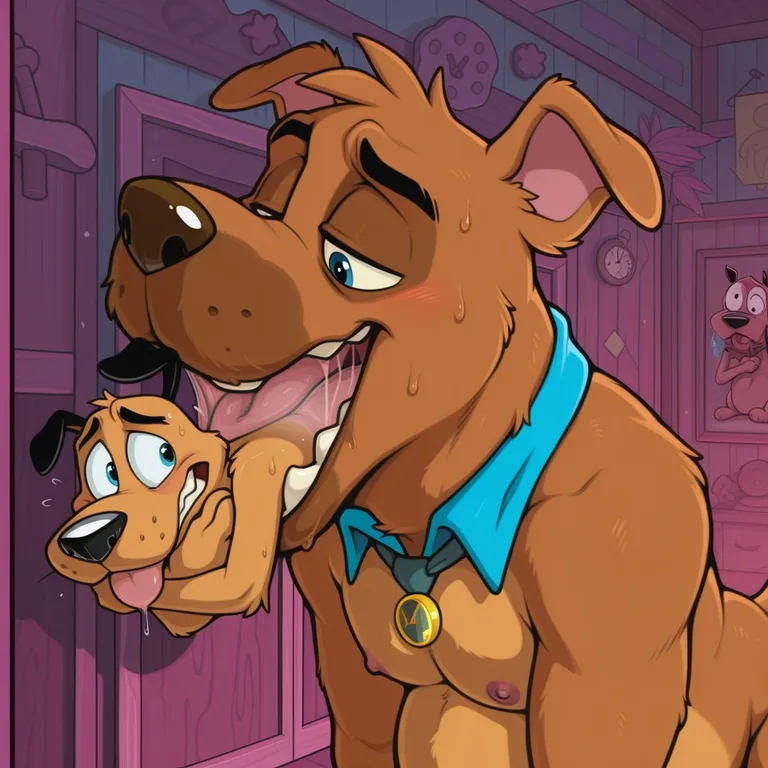 Two Anthro Dogs Kissing in a Rainbow Meadow