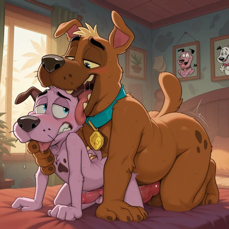 Two Anthropomorphic Dogs Cuddling in a Cozy Bedroom