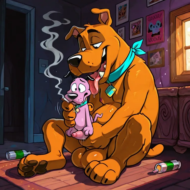 Scooby and Courage in a Hazy Cartoon Meadow