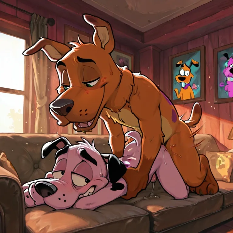 Animated Canines in Intimate Sofa Scene