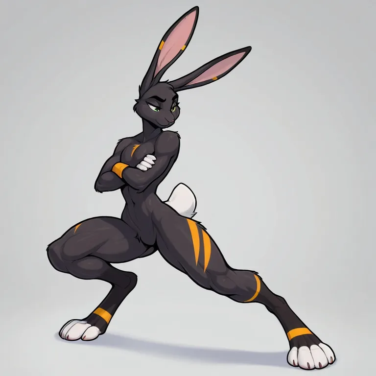 Solo, male, anthro, jackrabbit, black fur, white tail, muscu
