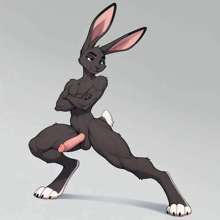 Solo, male, anthro, jackrabbit, black_fur, white_tail, muscu