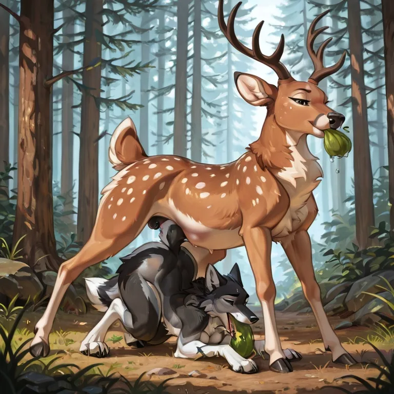 Wolf Consuming Deer in Forest