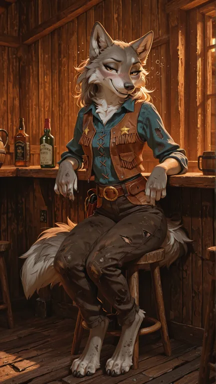 Flirty Wolf Cowgirl Lounging at Saloon Bar