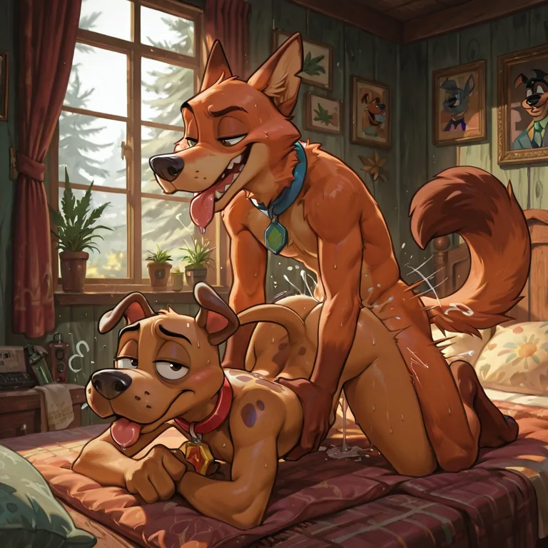 Stoned Cartoon Dogs in Intimate Embrace