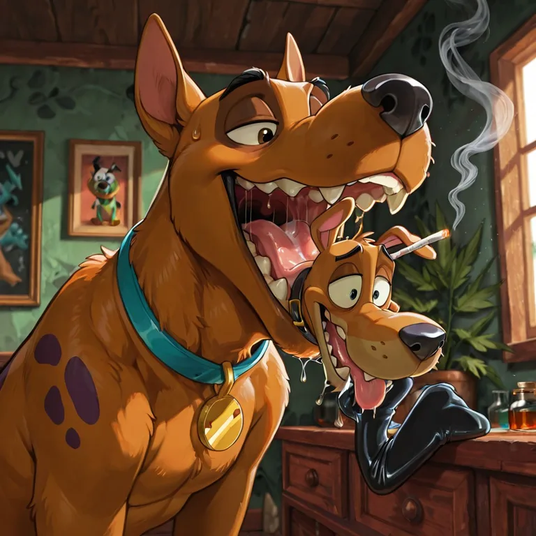 Scooby and Courage in a Hazy Living Room