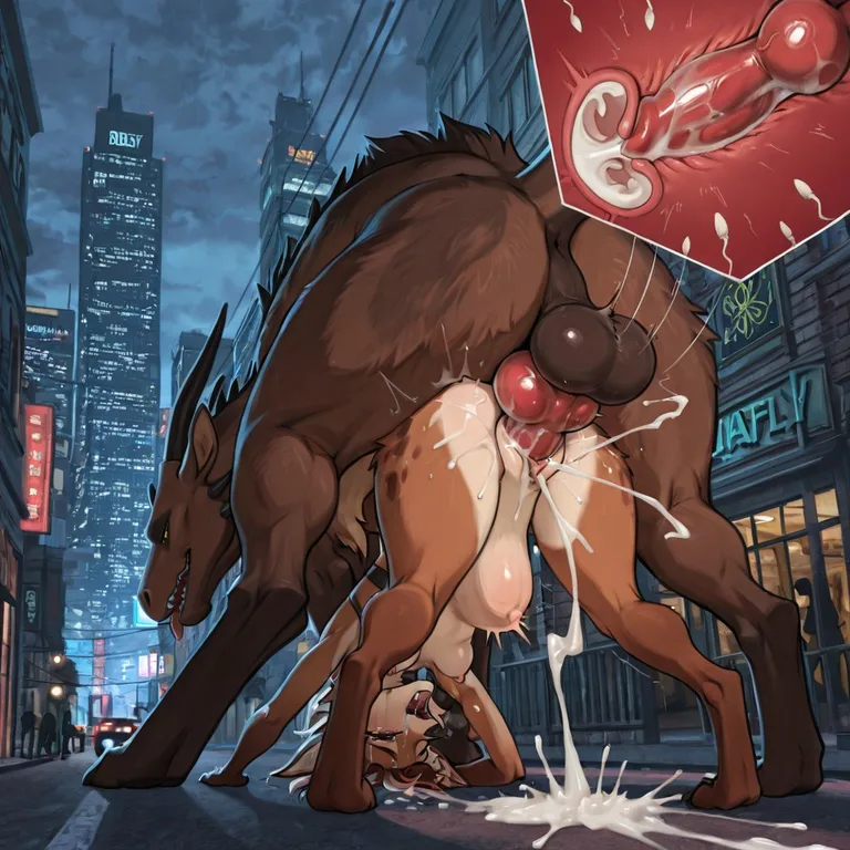 A Brown Wolf Mounting a Black Dragon in a City Street