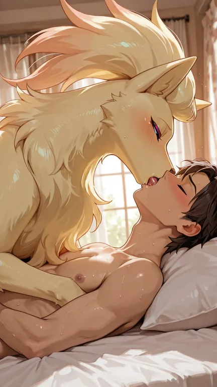 A Feral Ninetales and a Human Sharing a Romantic Kiss