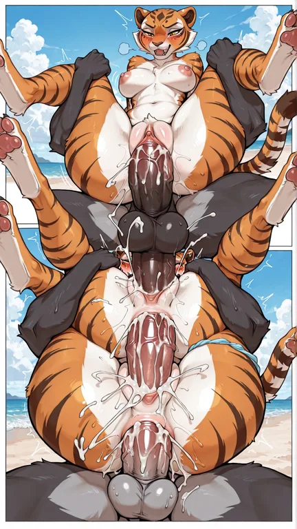 Two Tigers at the Beach During a Comic Panel Scene