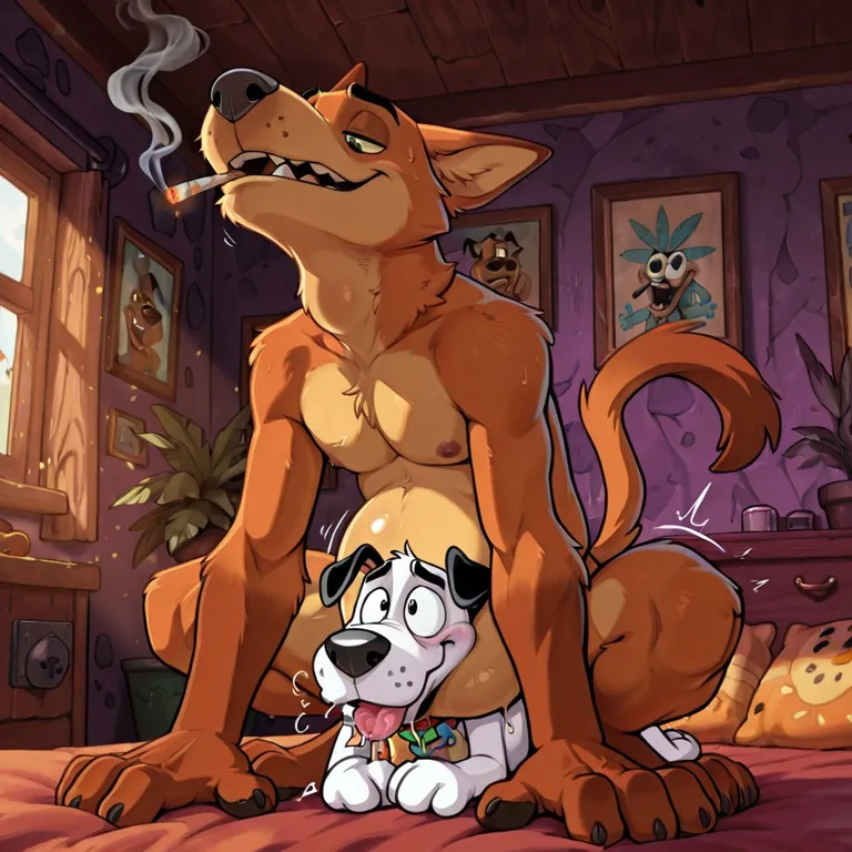 Cartoon Dog Poses in a Hazy Meadow