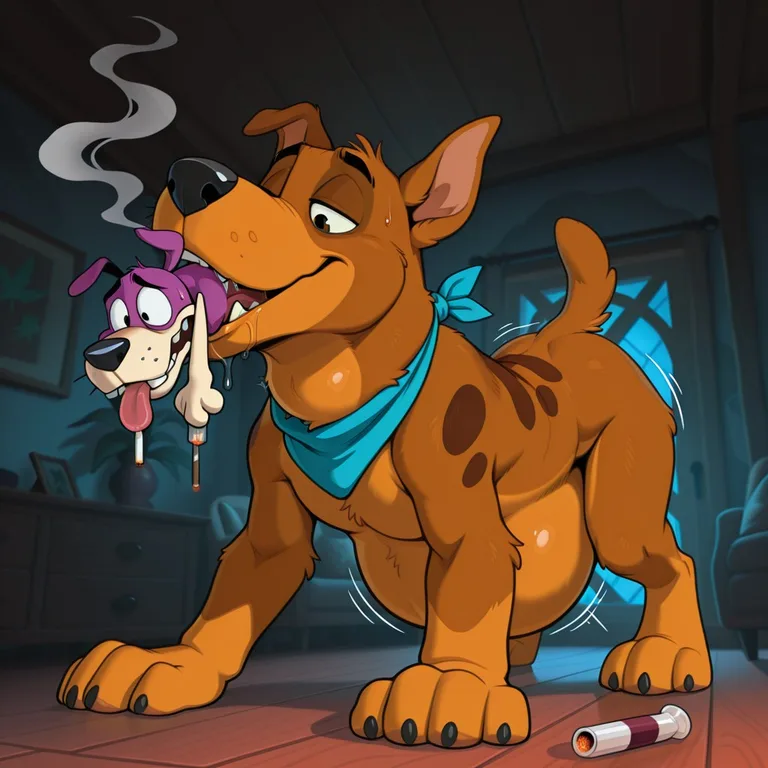 Courage and Scooby Share a Haze of Smoke in a Quiet Field