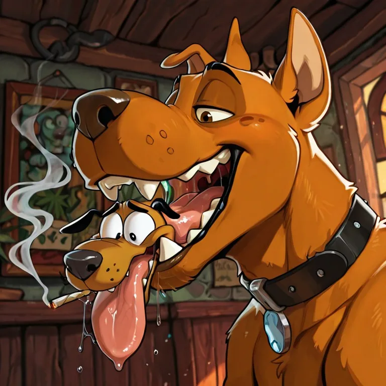 Scooby-Doo and Courage Sharing a Cozy Moment in a Warm Den