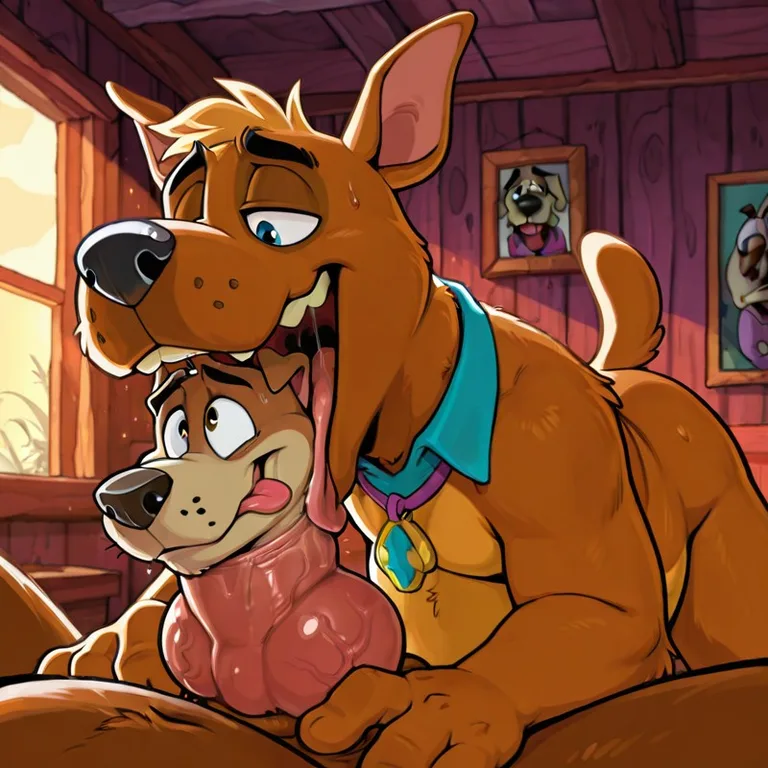 Two Cartoon Dogs Embracing in a Rainbow Meadow