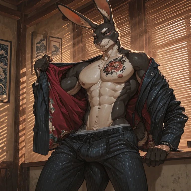 Muscular Jackrabbit Yakuza in Black Fur