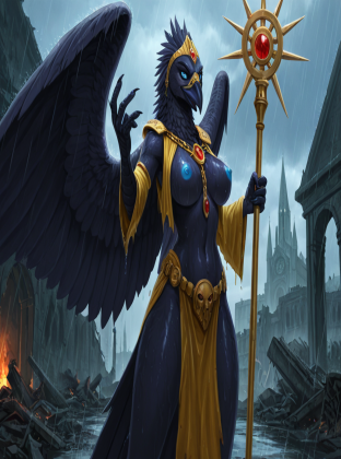 Mysterious Avian Sorceress in Ruined Cathedral
