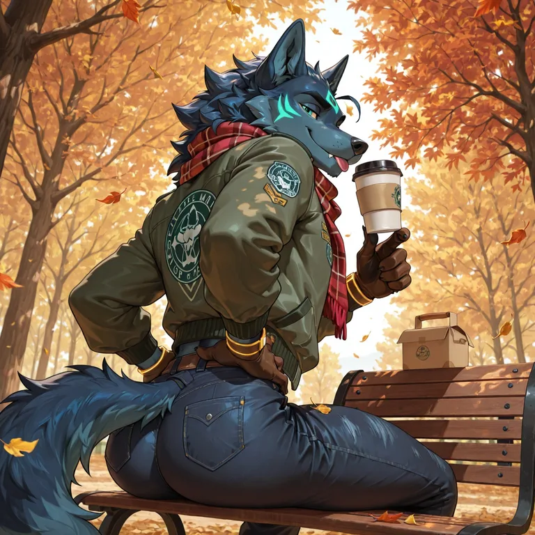 Navy Wolf with Cyan Markings on an Autumn Bench
