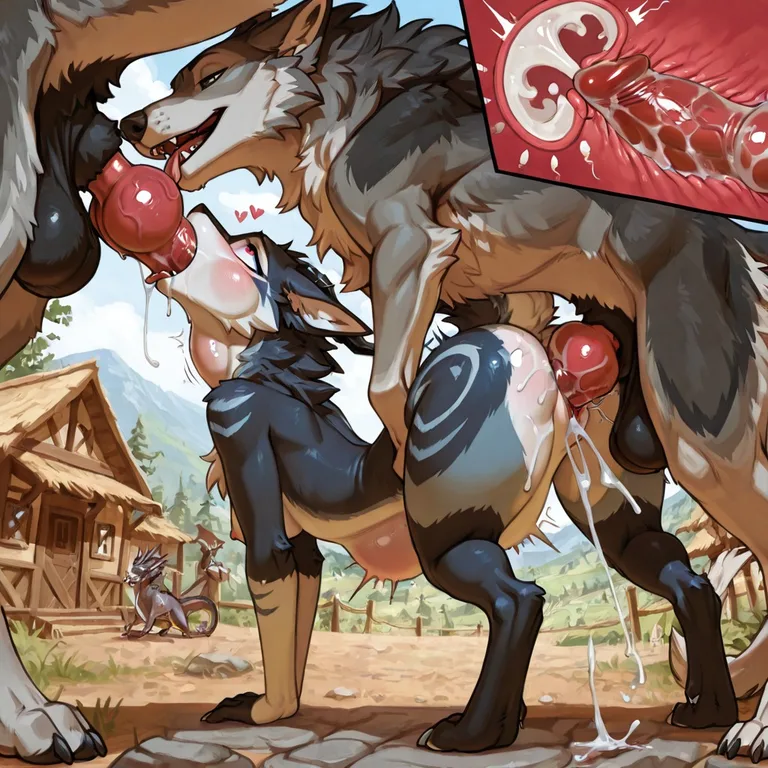Two Feral Grey Wolves And A White Furred Dragon In A Village Male/Male/Female