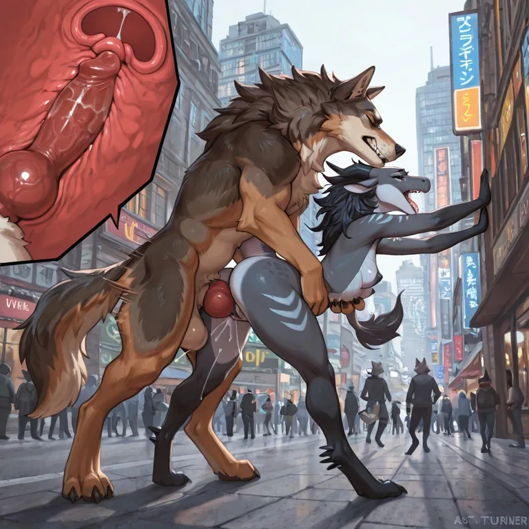 A Wolf and a Dragon in a Crowded City Square