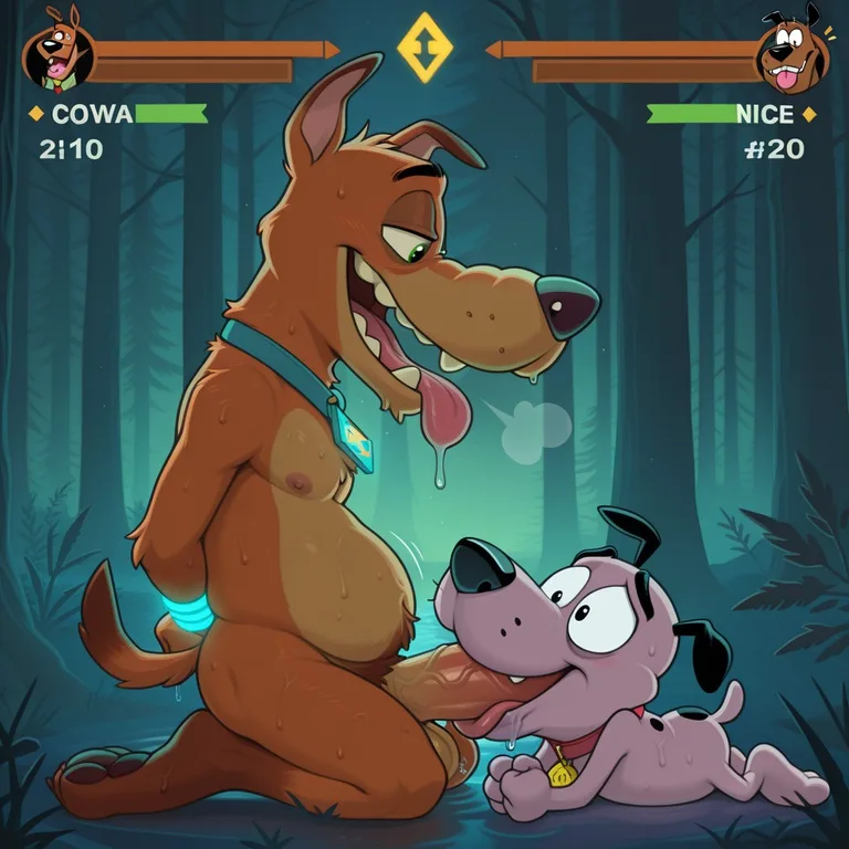 A Chubby Courage and Scooby Doo in a Glowing Neon Night