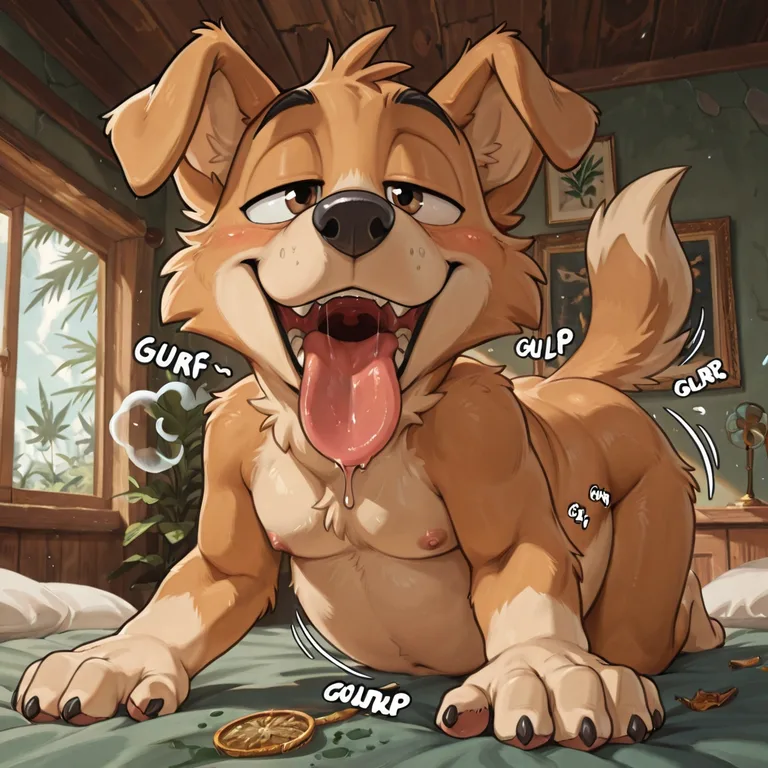 Playful Cartoon Dog with Marijuana Leaf