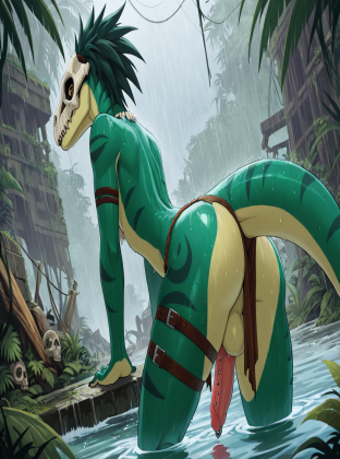 Raptor Warrior in the Rainy Jungle Ruins