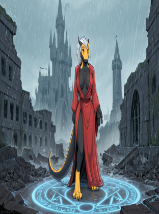 Mysterious Dragon Sorceress in Rainy Castle Ruins