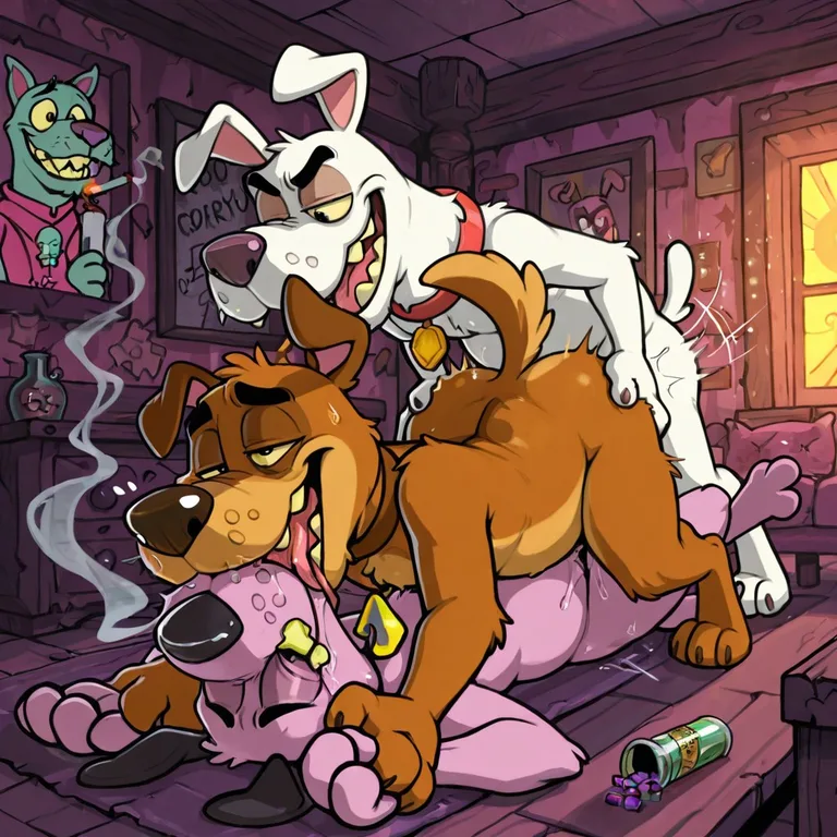 Anthro Scooby Doo and Courage Engage in Passionate Embrace