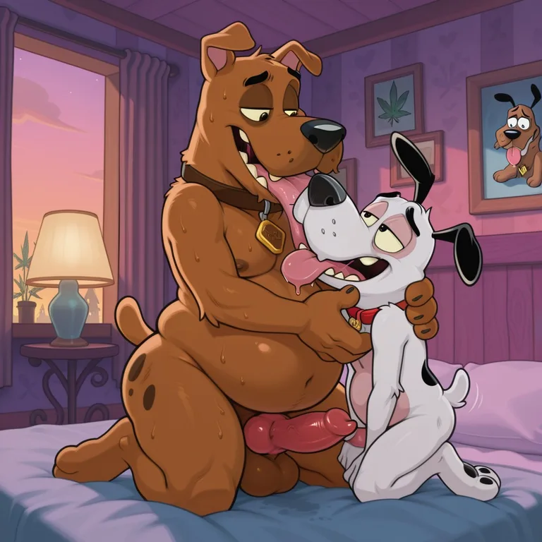 Two Courage the Cowardly Dog Anthros Sharing a Romantic Embrace Marijuana