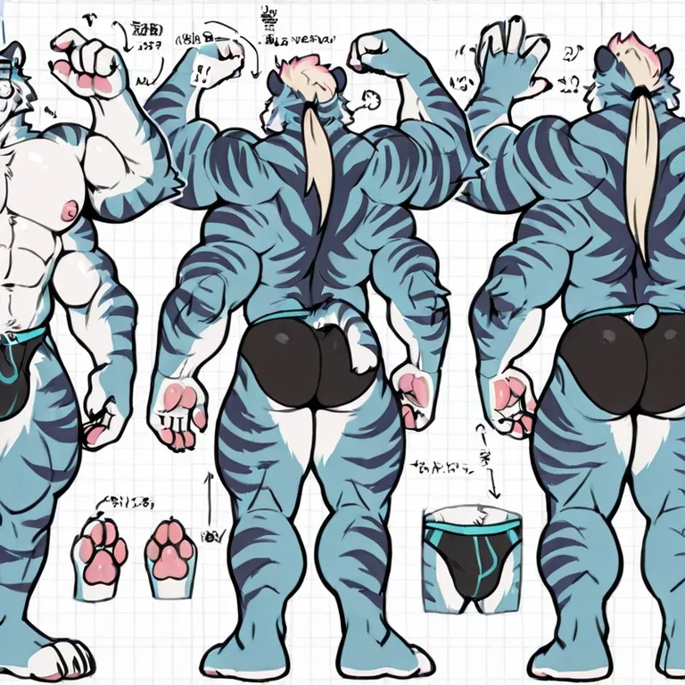 Tiger Character Sheet With Four Arms And Blue Stripes