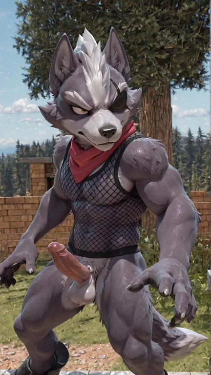 Anthro Wolf in Fishnet Top Standing Proudly