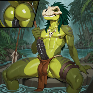 Dinosaur Warrior in Rainy Jungle Ruins
