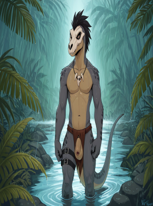 Solemn Raptor Dinosaur in Rainy Jungle