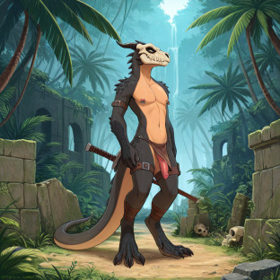 Mysterious Lizard Man in Jungle Ruins